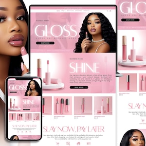 May include: A promotional image for a beauty brand featuring a woman with makeup, a laptop, and a smartphone. The laptop and phone display the brand's website, showcasing lip gloss products in pink packaging. The text on the screen reads "GLOSS" and "SHINE".