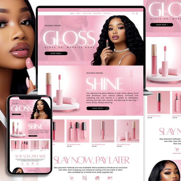 Lip Gloss Website, Cosmetics Website, Website Template, Premade Shopify Lip Gloss Website Banners, Lashes Website, Shopify Theme