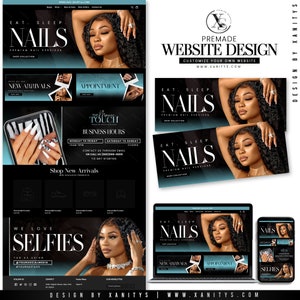 Nail Website design for the Shopify platform. Shopify Theme for nail websites and businesses. Blue-themed website design with African American stock model photos included.