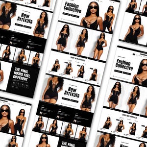 May include: A digital e-commerce website layout featuring multiple black lace-up bodysuits and rompers. The page displays text including Fashion Collective, New Arrivals, and The Final Hours Feel Different, alongside various product images of models.