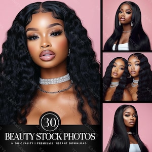 May include: A collage of 30 stock photos featuring a Black woman with different hairstyles. The photos are set against a pink background. The text "30" is in a circle and the text "BEAUTY STOCK PHOTOS" is below the circle. The text "HIGH QUALITY I PREMIUM I INSTANT DOWNLOAD" is below the text "BEAUTY STOCK PHOTOS".