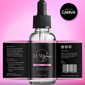 Puede incluir: Una botella de vidrio transparente de S&eacute;rum Iluminador LuxeGlow con una etiqueta y cuentagotas negros. La etiqueta incluye el nombre del producto, una descripci&oacute;n e ingredientes. La botella contiene 60 ml de s&eacute;rum.