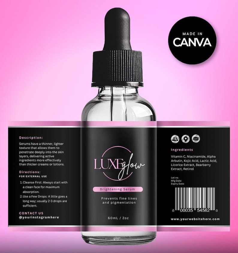 Puede incluir: Una botella de vidrio transparente de S&eacute;rum Iluminador LuxeGlow con una etiqueta y cuentagotas negros. La etiqueta incluye el nombre del producto, una descripci&oacute;n e ingredientes. La botella contiene 60 ml de s&eacute;rum.
