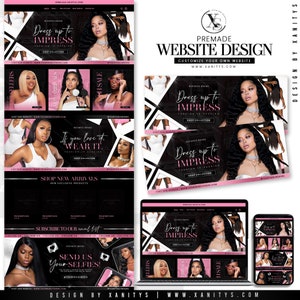 May include: Website design template for a fashion brand. The design features a black and white geometric pattern with pink accents. The text "Dress up to Impress" is featured prominently on the website. The website also includes a call to action to "Shop New Arrivals".