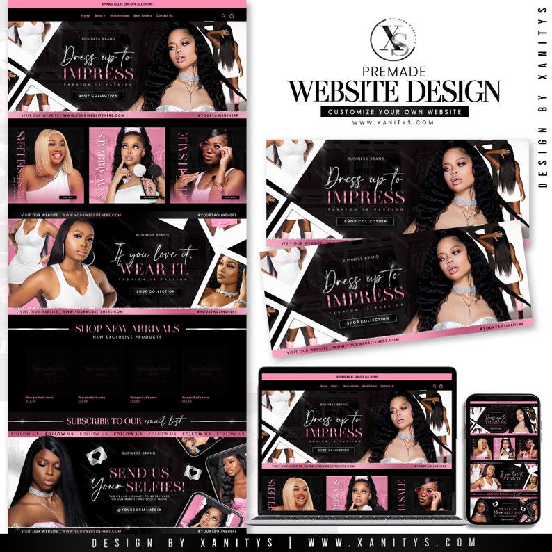 May include: Website design template for a fashion brand. The design features a black and white geometric pattern with pink accents. The text "Dress up to Impress" is featured prominently on the website. The website also includes a call to action to "Shop New Arrivals".