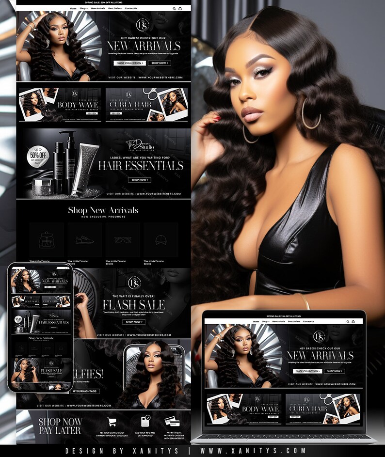 This is a hair website design for a Hair Shopify theme store. This black and silver hair website is an option for a hair business.
