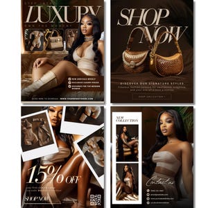 May include: A promotional image with a woman in a beige dress, promoting luxury items. The image includes text that says "Luxury", "Shop Now", and "15% Off". The image also features handbags and lingerie.