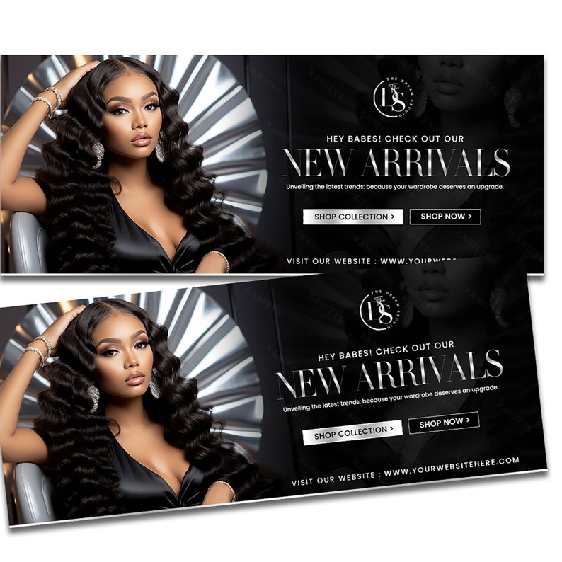 May include: A black and white banner ad with a woman wearing a black top and long black hair. The banner ad has the text "HEY BABES! CHECK OUT OUR NEW ARRIVALS" and "Unveiling the latest trends: because your wardrobe deserves an upgrade."  The banner ad also has two buttons that say "SHOP COLLECTION >" and "SHOP NOW >".