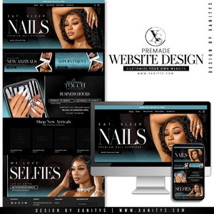 A premade Shopify theme for a nail business type with nail graphic designs and model photos. Includes banner text saying EAT. SLEEP. NAILS. Shopify website design ideal for nail related businesses.