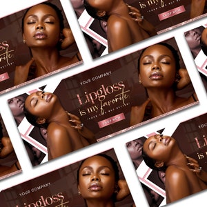 A premade Shopify theme for a cosmetics business type with African-American model photos. Includes banner texts saying LIP GLOSS IS MY FAVORITE and a rose gold SHOP NOW button. Brown Shopify website theme with rose gold accents.