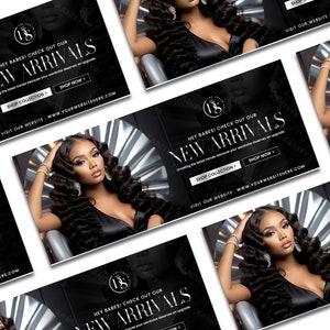 May include: A black and white graphic ad with a model wearing a black dress and long black hair. The ad features the text "HEY BABES! CHECK OUT OUR NEW ARRIVALS" and a website address.