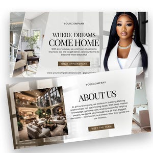 Peut inclure: Image promotionnelle pour une entreprise immobili&egrave;re. L'image pr&eacute;sente une femme en blazer blanc, le texte &laquo;WHERE DREAMS COME HOME&raquo; et un design d'int&eacute;rieur luxueux. L'image comprend &eacute;galement le texte &laquo;BOOK APPOINTMENT&raquo;.