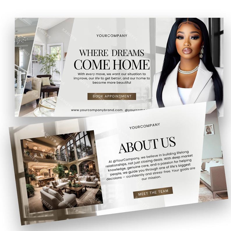Peut inclure: Image promotionnelle pour une entreprise immobili&egrave;re. L'image pr&eacute;sente une femme en blazer blanc, le texte &laquo;WHERE DREAMS COME HOME&raquo; et un design d'int&eacute;rieur luxueux. L'image comprend &eacute;galement le texte &laquo;BOOK APPOINTMENT&raquo;.