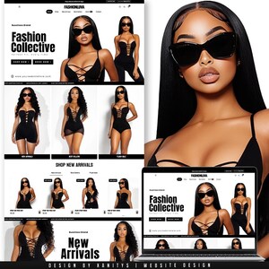 May include: A website interface design titled Fashion Collective featuring a black and white color scheme. The layout displays multiple images of a model wearing black lace-up bodysuits and black cat-eye sunglasses, with navigation menus.