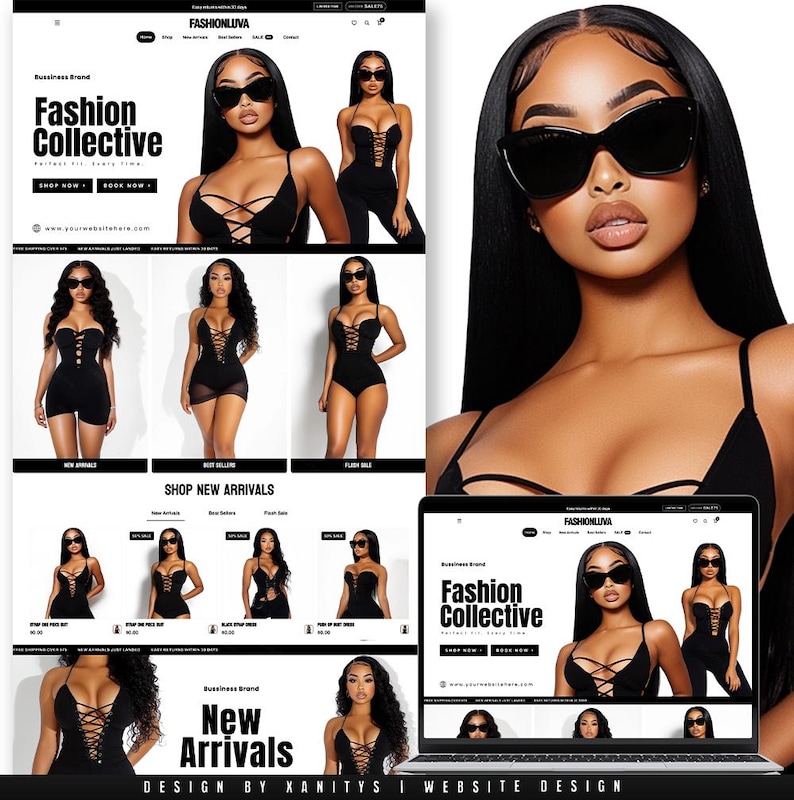 May include: A website interface design titled Fashion Collective featuring a black and white color scheme. The layout displays multiple images of a model wearing black lace-up bodysuits and black cat-eye sunglasses, with navigation menus.