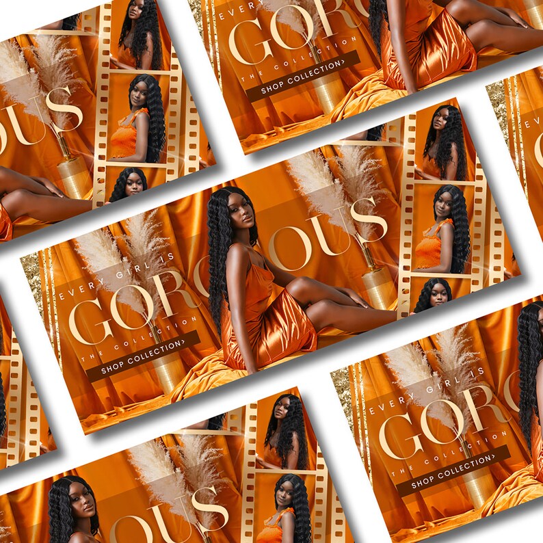 A premade Shopify theme for a clothing/fashion business type with African-American model photos. Includes banner texts saying EVERY GIRL IS GORGEOUS. Orange Shopify website theme with gold accents.