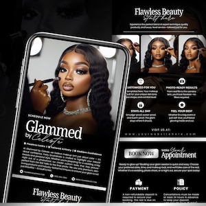 May include: A mobile phone screen displays a beauty advertisement. The ad features a woman with glamorous makeup, the text "Glammed by Celeste," and information about makeup services. The ad also includes the text "Flawless Beauty Start Here."