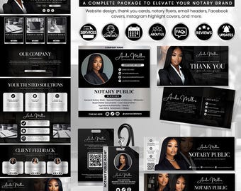 May include: A black and white notary bundle pack with website design, thank you cards, and more. The design includes the name "Amile Miller" and the words "Notary Public". The pack includes a business card, flyer, and ID badge.