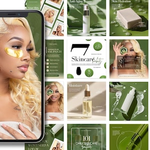 Op de afbeelding: Een collage van afbeeldingen die huidverzorgingsproducten en -routines promoten. De afbeeldingen tonen een verscheidenheid aan producten, waaronder serums, vochtinbrengers en oogpatches. De tekst in de afbeeldingen omvat "7 huidverzorgingsgewoonten", "101 dagelijkse huidverzorgingsroutine" en "Goede huid is het beste accessoire".