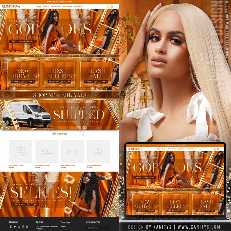 Clothing Boutique Website design for the Shopify platform. Shopify Theme for Clothing Websites and businesses. Orange theme website design with gold accents and different model photos.