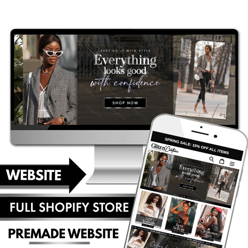 May include: A website mockup for a clothing store called Glitz'n'Capture. The website features a black and white banner with the text "Everything looks good with confidence" and a call to action to "Shop Now". The website also features a variety of clothing items, including new arrivals, best sellers, and clearance items.