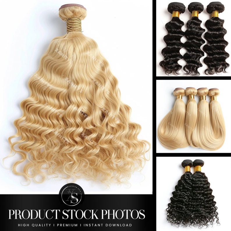 Może przedstawiać: Trzy pakiety blond falowanych przedłużanych włos&oacute;w ludzkich. Włosy są jasnoblond i mają naturalny wz&oacute;r fal. Pakiety są związane ze sobą złotą gumką.