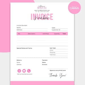 May include: A pink and white invoice template with the text "The Manic Touch" and "Invoice Number" in a pink box. The template includes fields for invoice number, date, customer ID, description, unit price, quantity, total, special notes and terms, sub total, other, shipping, total due, billed to, name, address, payment, name, account, and signature over printed name. The template also includes a thank you message.