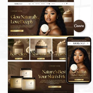 May include: A website layout template featuring a skincare brand with a dark brown and gold color scheme. It displays product jars with cream, a person holding a jar, and navigation menus with text like Glow Naturally, Love Deeply and Best Sellers.
