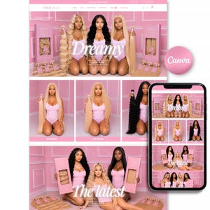 May include: A website interface displaying hair extension products featuring multiple individuals with various hair colors and textures, including blonde, black, and brown styles. The layout includes pink branding, product boxes, and the text Dreamy.