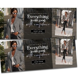 A clothing website banner for a Shopify store. Suitable for any clothing-related business such as clothing boutique, fashion, apparel, etc. Includes models and photos suited for a clothing business.