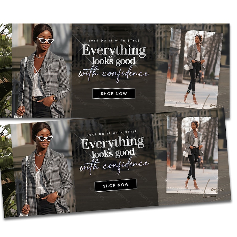 A clothing website banner for a Shopify store. Suitable for any clothing-related business such as clothing boutique, fashion, apparel, etc. Includes models and photos suited for a clothing business.
