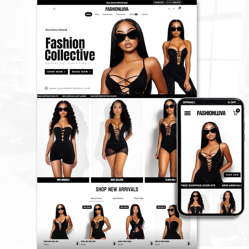 May include: A website interface for Fashionluva featuring a collection of black lace-up bodysuits and rompers. The layout displays multiple images of models wearing the black garments, navigation menus, and a mobile phone view of the online store.
