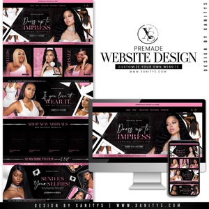 May include: Website design for a business selling hair extensions and other beauty products. The website features a black and pink colour scheme with images of models wearing the products. The text on the website includes "Dress up to Impress", "Shop New Arrivals", "Subscribe to our email list", and "Send us your selfies!"