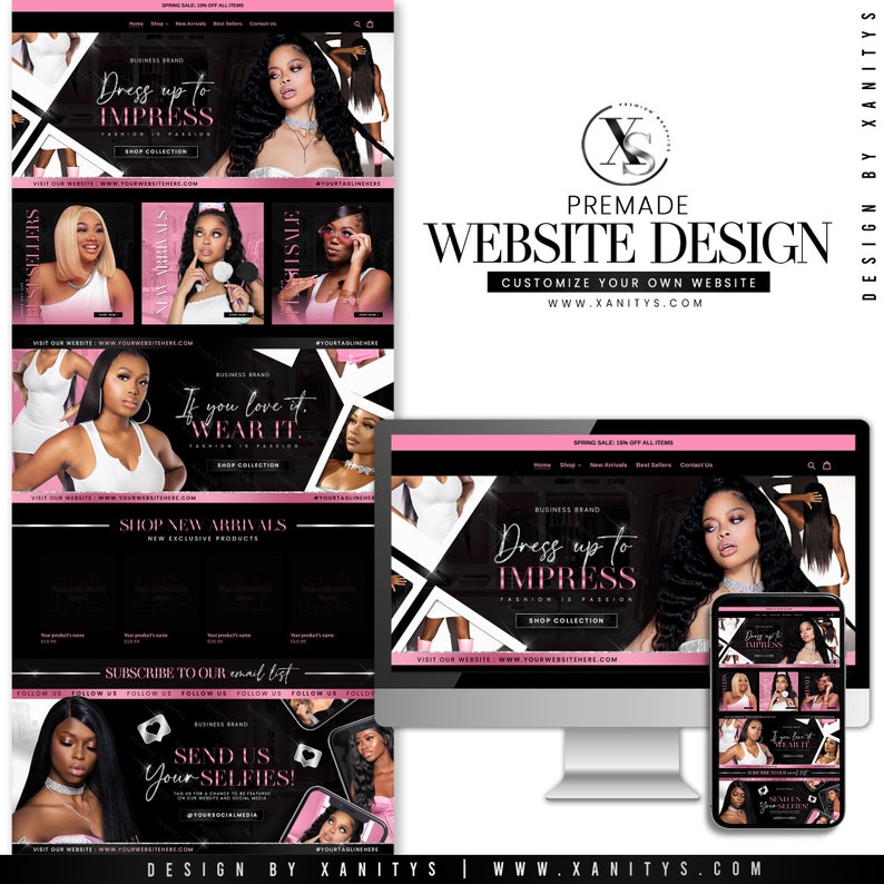 May include: Website design for a business selling hair extensions and other beauty products. The website features a black and pink colour scheme with images of models wearing the products. The text on the website includes "Dress up to Impress", "Shop New Arrivals", "Subscribe to our email list", and "Send us your selfies!"