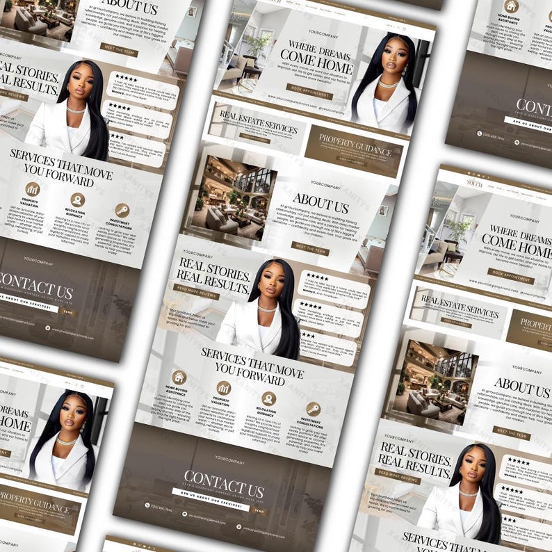 Peut inclure: Plusieurs maquettes de sites web immobiliers avec une femme en blazer blanc. Les maquettes pr&eacute;sentent du texte tel que "Where Dreams Come Home", "Real Stories, Real Results" et "Services That Move You Forward". Le code couleur est marron et blanc.