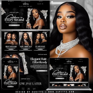 Hair Website, Hair Website Template Canva, Hair Website Design, Shopify Template Hair Extensions, Premade Shopify Hair Website