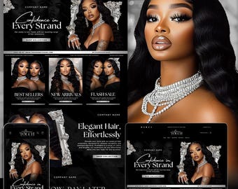 May include: A website homepage for a hair extensions company called "The Grace Touch". The website features a black background with a model wearing long, black hair extensions. The text "Confidence in Every Strand" is displayed in white letters on the homepage. The website also features a variety of hair extensions, including best sellers, new arrivals, and flash sale items.