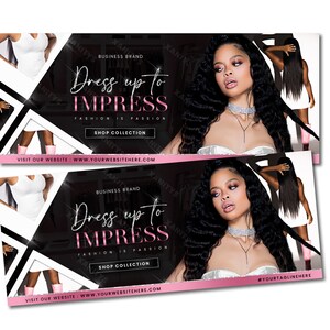 May include: A black and pink banner with the text "Dress up to IMPRESS" and the tagline "Fashion is Passion". The banner also includes the text "Shop Collection" and a website address. The banner features a woman with long black hair wearing a white top and a silver necklace.