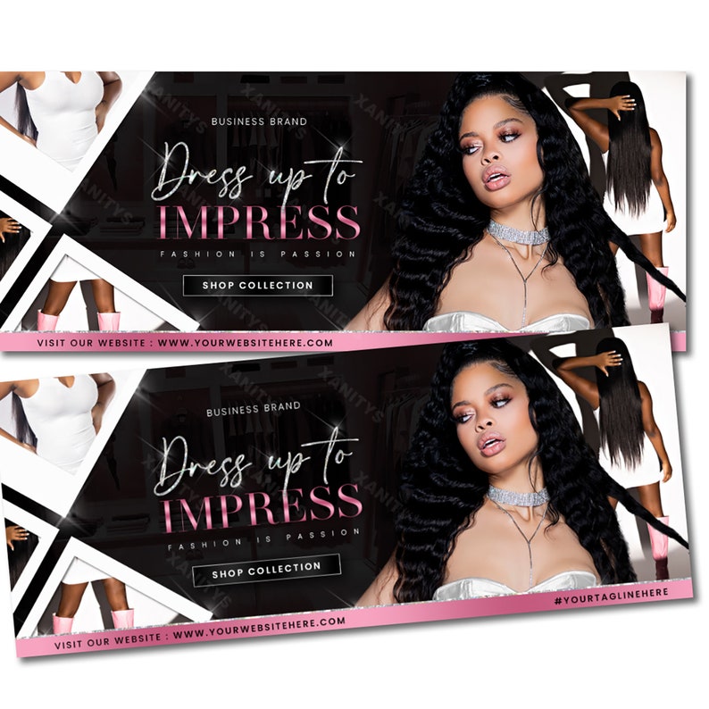 May include: A black and pink banner with the text "Dress up to IMPRESS" and the tagline "Fashion is Passion". The banner also includes the text "Shop Collection" and a website address. The banner features a woman with long black hair wearing a white top and a silver necklace.