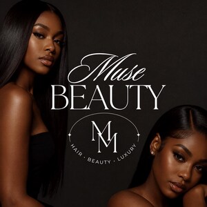 May include: A promotional graphic featuring two individuals with long, straight black hair against a dark background. The text reads Muse BEAUTY with a central logo containing the letters MM and the words HAIR, BEAUTY, LUXURY in a white font.