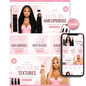 Puede incluir: Una interfaz de sitio web para Maison Blush con marca rosa, el texto Welcome to the Luxury Hair Experience e imágenes de personas con extensiones de cabello largo negro y rubio. Un teléfono móvil muestra el mismo diseño del sitio web.