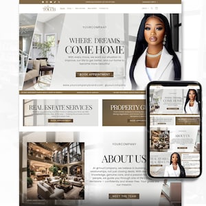 Peut inclure: Conception de site web pour une entreprise immobili&egrave;re, avec une femme en blazer blanc. Le titre du site web est "Where Dreams Come Home". Un smartphone affiche la version mobile du site web. La conception comprend des sections pour les services immobiliers et les conseils en mati&egrave;re de propri&eacute;t&eacute;.
