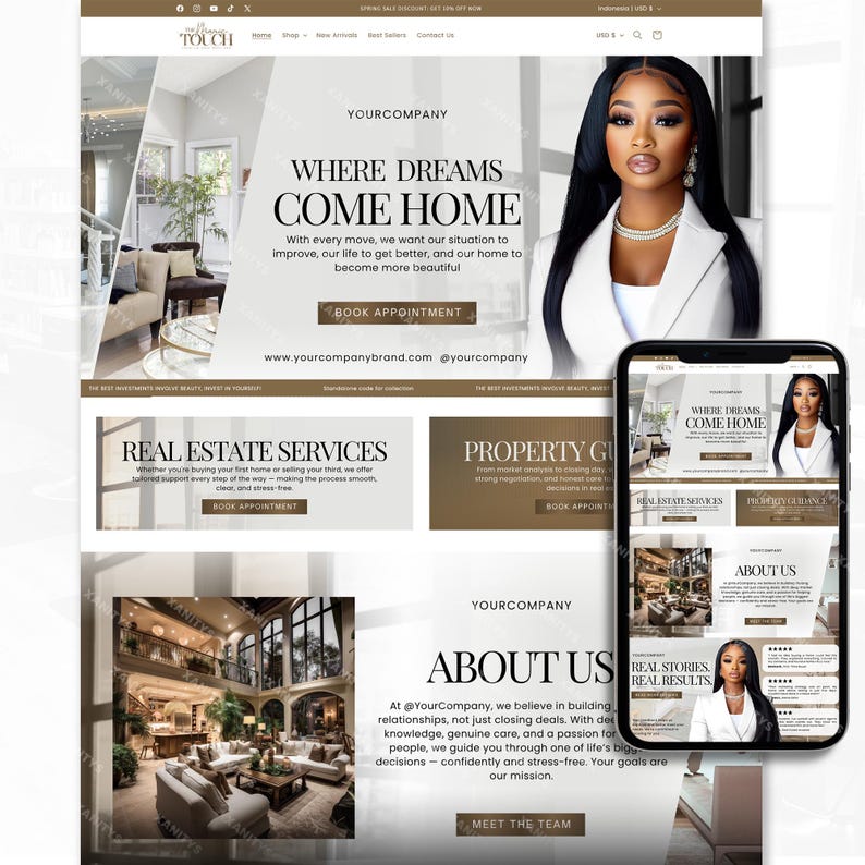 Peut inclure: Conception de site web pour une entreprise immobili&egrave;re, avec une femme en blazer blanc. Le titre du site web est "Where Dreams Come Home". Un smartphone affiche la version mobile du site web. La conception comprend des sections pour les services immobiliers et les conseils en mati&egrave;re de propri&eacute;t&eacute;.