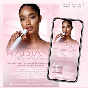 Könnte beinhalten: Werbebild für Radiant Glow Aesthetics, mit einer Frau, die ein Hautpflegegerät hält. Das Design enthält den Text "Welcome to Radiant Glow Aesthetics" und bewirbt personalisierte Hautbehandlungen, Signature-Behandlungen sowie vegane und empfindliche Hautoptionen. Online buchen jederzeit.
