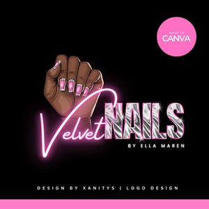 May include: A logo design for "Velvet Nails" featuring a brown hand with pink bejeweled nails. The text "Velvet Nails" is in a neon pink script, with the word "NAILS" in a silver, textured font. The design includes the text "BY ELLA MAREN" and "DESIGN BY XANITYS | LOGO DESIGN".