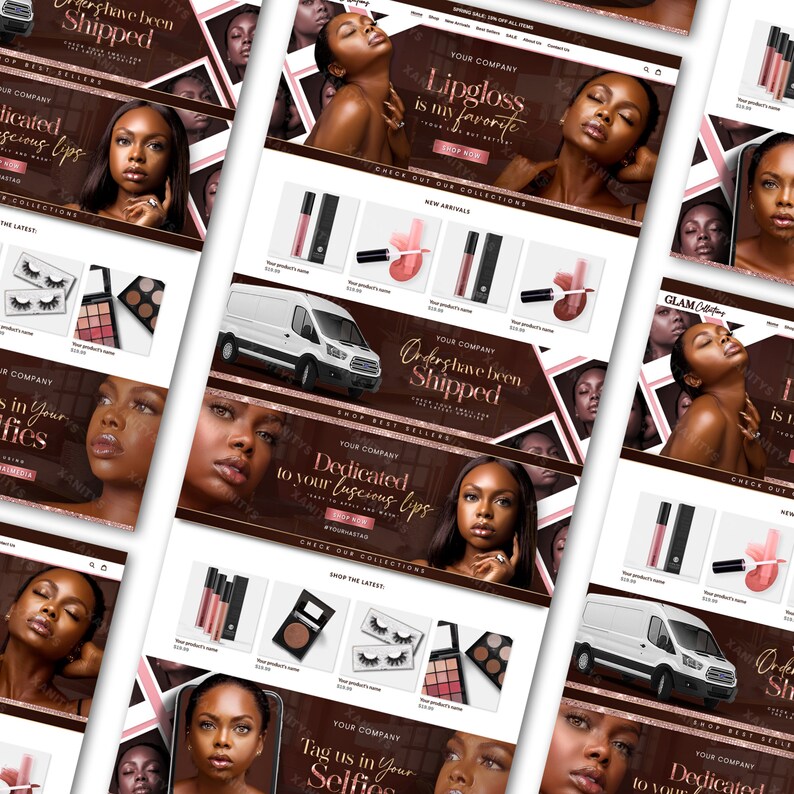 Pu&ograve; includere: Una homepage di un sito web per un'azienda di cosmetici che presenta una variet&agrave; di prodotti, tra cui lucidalabbra, palette di ombretti e ciglia finte. Il sito web ha uno schema di colori marrone e oro e presenta immagini di modelli con il trucco.