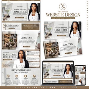 Peut inclure: Conception de site web pr&eacute;fabriqu&eacute; sur le th&egrave;me de l'immobilier. La conception pr&eacute;sente une femme en blazer blanc, des maquettes de sites web et le texte "Where Dreams Come Home". La conception comprend des sections pour les services immobiliers et les conseils en mati&egrave;re de propri&eacute;t&eacute;.