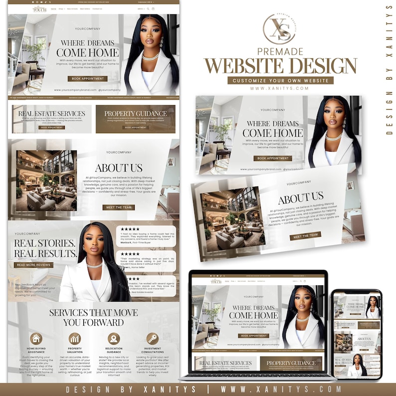 Peut inclure: Conception de site web pr&eacute;fabriqu&eacute; sur le th&egrave;me de l'immobilier. La conception pr&eacute;sente une femme en blazer blanc, des maquettes de sites web et le texte "Where Dreams Come Home". La conception comprend des sections pour les services immobiliers et les conseils en mati&egrave;re de propri&eacute;t&eacute;.