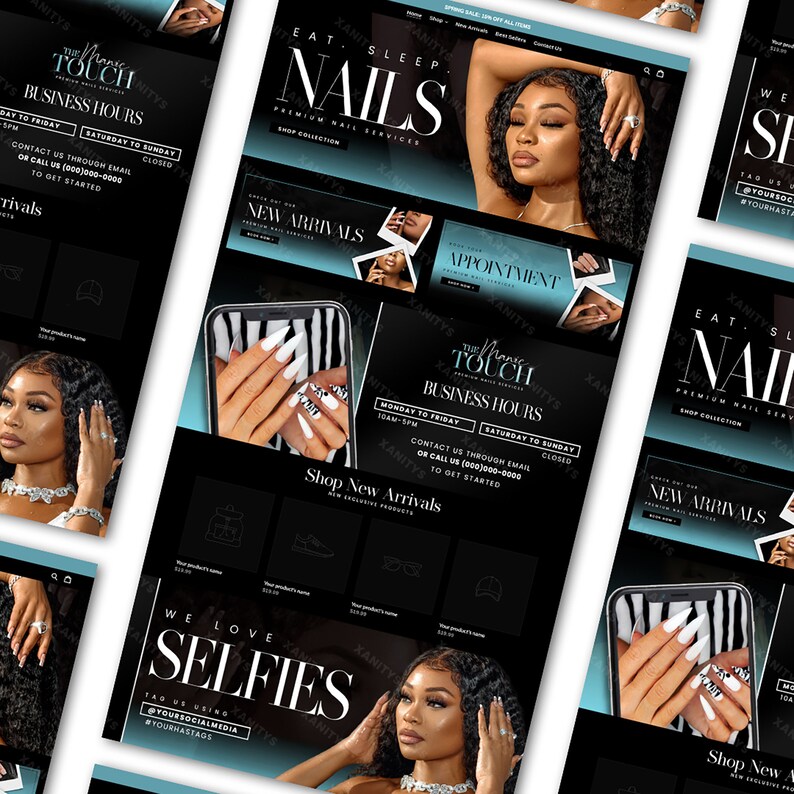 May include: A website homepage for a nail salon called "The Luxe Touch". The website features a black and white colour scheme with images of manicured nails and a woman with long black hair. The website also includes information about the salon's services, business hours, and contact information.