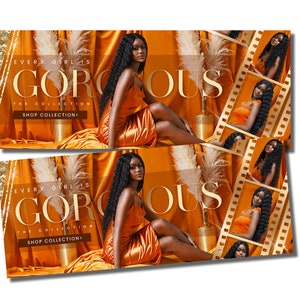 A clothing/fashion website banner for a Shopify store. Perfect for any clothing and fashion-related businesses. Includes different African-American models. All models are wearing orange. Some models are placed inside a filmstrip.